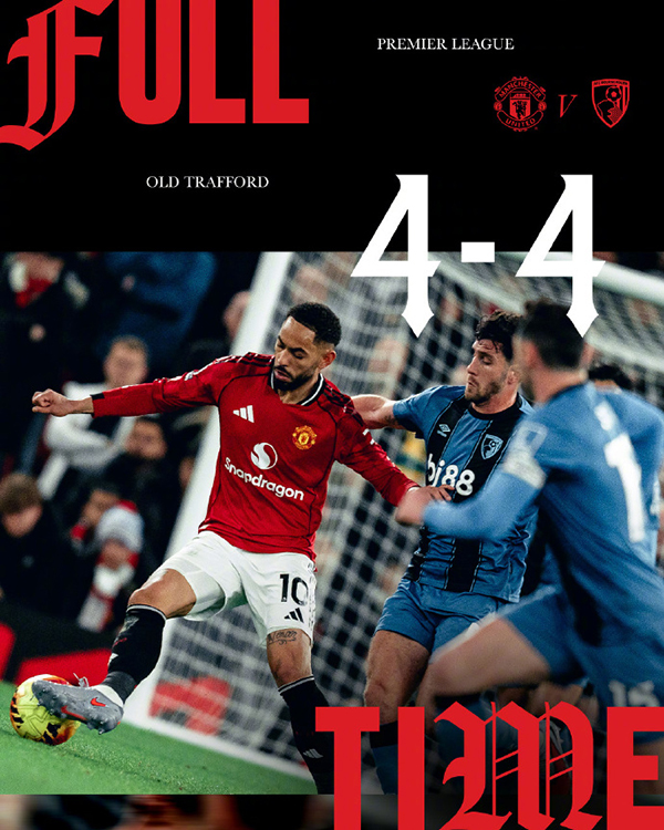 英超-曼联4-4伯恩茅斯 泰勒·亚当斯开场伤退 B费任意球+传射