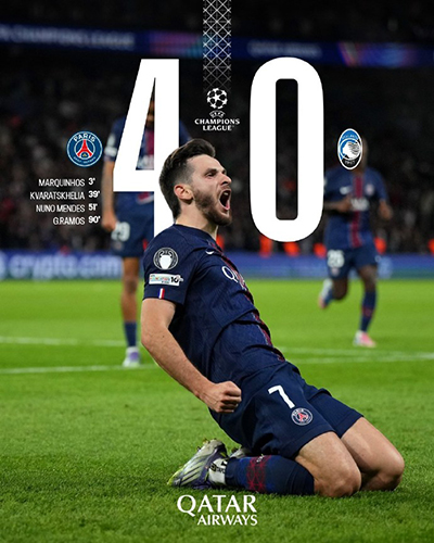 欧冠：巴黎4-0亚特兰大 马尔基尼奥斯闪击 K77破门 巴尔科拉失点